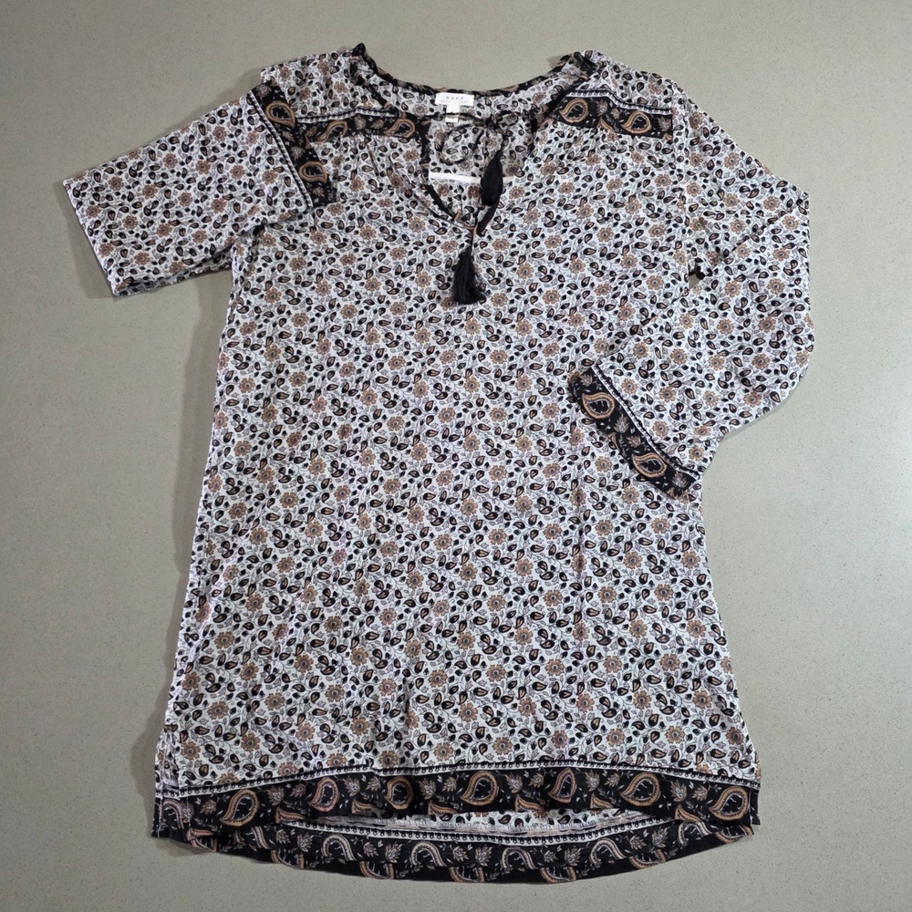 Soft Joie Womens Medium Black Tan Paisley Floral Cotton Tassel Tunic Top